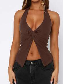 1pc Plain Fabric Asymmetric/Asymmetrical Twist Back Camisole Top, For Spring/Summer - Brown - View 4