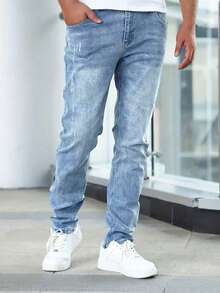 Classic Light Blue Stretch Denim Jeans For Men - Baby Blue - View 5