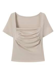 时尚别致修身加垫圆领长袖打底 T 恤 - 杏 - 查看 6