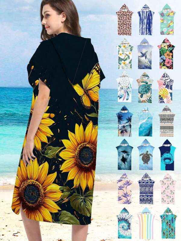 1pc Polyester Fiber Hooded Towel/Cloak/Poncho/Robe With Butterfly & Sunflower Print, Super Absorbent, Fashion Tie-Dye, Unique Style, Suitable For Surfing, Outdoor Activities, Swimming, Fitness, Bathroom, Thick & Warm Back To School