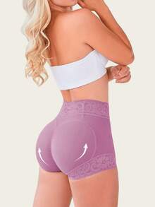 1pc Women High Waist Shapewear Shorts, High Waist Butt Lifting & Tummy Control Shorts, Lace Trim Shapewear Shorts For Daily Wear - Purple - View 2