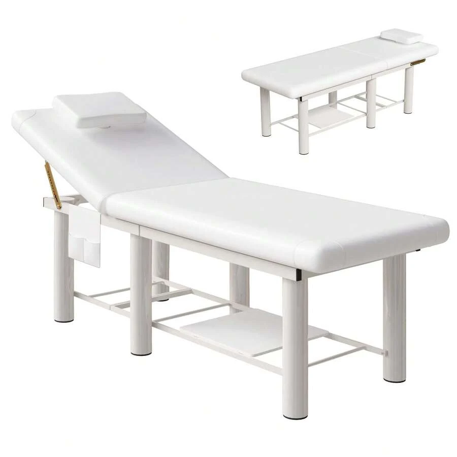 LUXMARS Stationary Massage Table Spa Table With 30°Adjustable Backrest, 600Lbs Capacity, Heavy Duty PU Leather, Full Body Bed For Beauty Hairdressing Tattoo Lash Bed, Massage Bed,Beauty Bed, Lash Table - 白色 - 查看 1