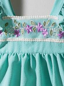 BASUSARRI 2pcs/Set Girls Ruffled Vest Top With 3D Jacquard Mesh Pants, Elegant Chinese Style Outfit For Summer - Green - View 5