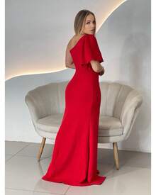 Vestido Longo de festa Madrinha Casamento com fenda ombro babado verde Oliva Esmeralda Terracota - Vermelho - Visão 2