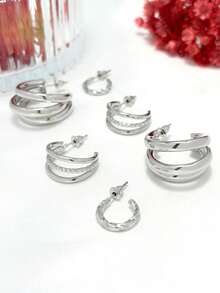 Kit 3 Pairs Of Wonderful Triple Hoop Earrings + Three Hoop Earrings + Mobius Earrings Plated In 18k Gold And 925 Silver. - Bạc - Xem 2