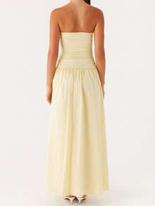 Women Tube Top Maxi Dress Elegant Sleeveless Strapless Ruched Flowy Dress Summer Long Wedding Party Cocktail Dresses - Yellow - View 5