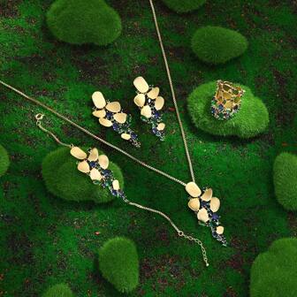 Link Chain Pendant Necklace Earring Set Gold Plated Cubic Zirconia Jewelry Sets Women Wedding Accessories