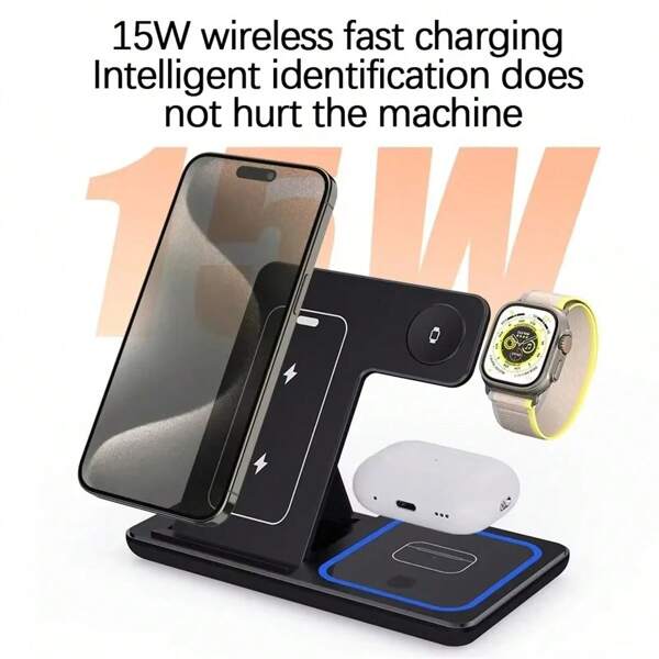 LED Fast Wireless Charger Stand 3 In 1 Foldable Charging Station For I Phone 16 15 14 13 12 A Pple Watch 9 8 7 6 5 Air Pods Pro