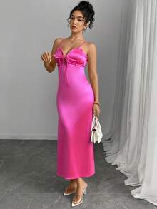 女士优雅时尚吊带长裙 - 玫紅色 - 查看 5