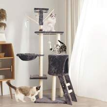 Cat Tree Cat Climbing Frame, 5-Storey Large Cat Tower With Perch Hammock Cat Scratching Post, Wooden Cat Frame, Indoor Play Furniture - Beige - View 4