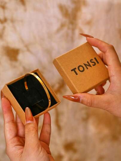 TONSI 1pc Minimalist 18K Gold Plated Stainless Steel Bracelet With Artificial Zirconia, Hypoallergenic, Waterproof, Suitable For Women & Girls, Daily Wear, Boxed Gift For Birthday, Festival