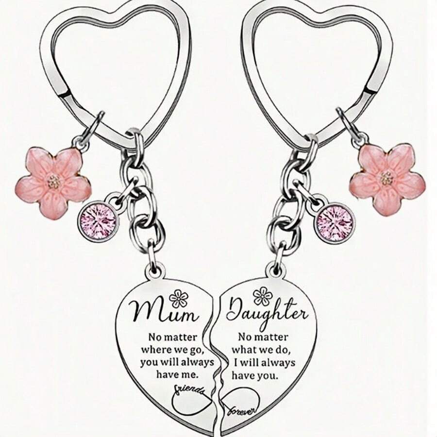 2pcs (1 Set) Heart Shaped Keychain Gift Set For Mom And Daughter, Mother's Day & Daughter Gift