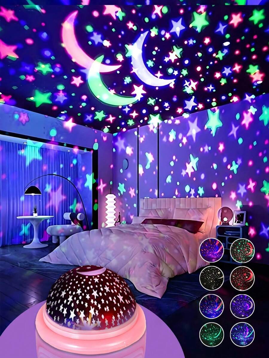 1 peça de projetor de luz colorida com céu estrelado, luz noturna LED giratória com projeção de lua e galáxia, lâmpada LED com rotação automática, alimentação USB, adequada para casa, quarto, iluminação estéreo para festas