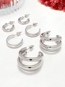 Kit 3 pares brinco argola tripla maravilhoso+Brincos em forma de C+Brincos de metal torcido Folheado em Ouro 18k e Prata 925. - Prata - Visão 2