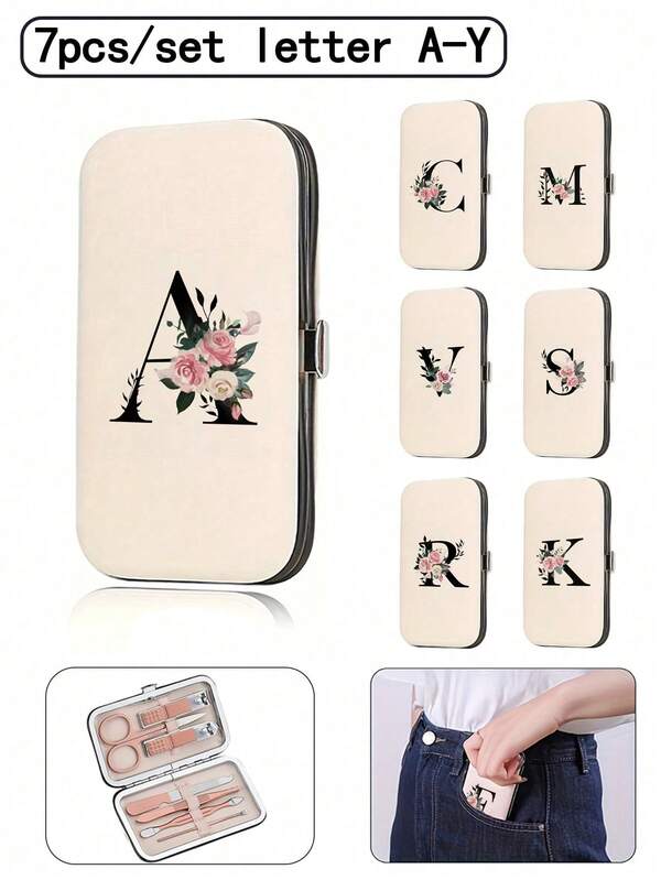 7 Stücke/Set Reise-Nagelkits mit Erstbuchstaben Muster, schwarze Buchstaben A-Y, Muttertagsgeschenk, Nagelpflege-Box mit großer Kapazität und Aufbewahrungsbox mit Edelstahlwerkzeugen, ultraspitze spritzwassergeschützte Nagelschere-Sets, klassisches Design Haarschneider-Box für unterwegs, Ausflüge, Internat und Zuhause Essenziell, geeignet für Ehefrau, Freundin, Familie, Eltern