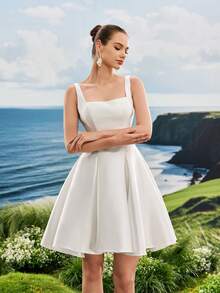 夏季巴洛克缎面生日派对婚礼宾客短礼服，白色优雅新娘送礼会礼服，新娘