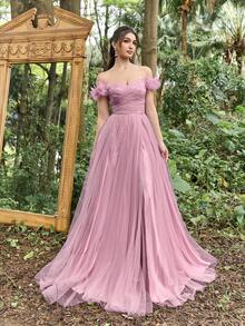 Faeriesty Luxe 优雅露肩网纱晚礼服，高开衩设计 | 适合正式晚宴、森林绿婚礼和盛大舞会等场合 - 藕粉色 - 查看 4