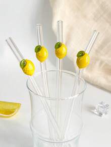 1/2/4 pièces Pailles en verre réutilisables transparentes incurvées avec tranches de citron jaune de dessin animé, brosse de nettoyage et embout de paille pour thé au lait, soda, eau pétillante, smoothies, maison, café, fête d'été, Pâques, fête des pères, cadeau pour amis et amoureux - Style 3 - Voir 6