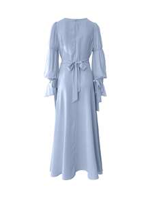 优雅女士长款修身梭织连衣裙，透明长袖，圆领，休闲风格