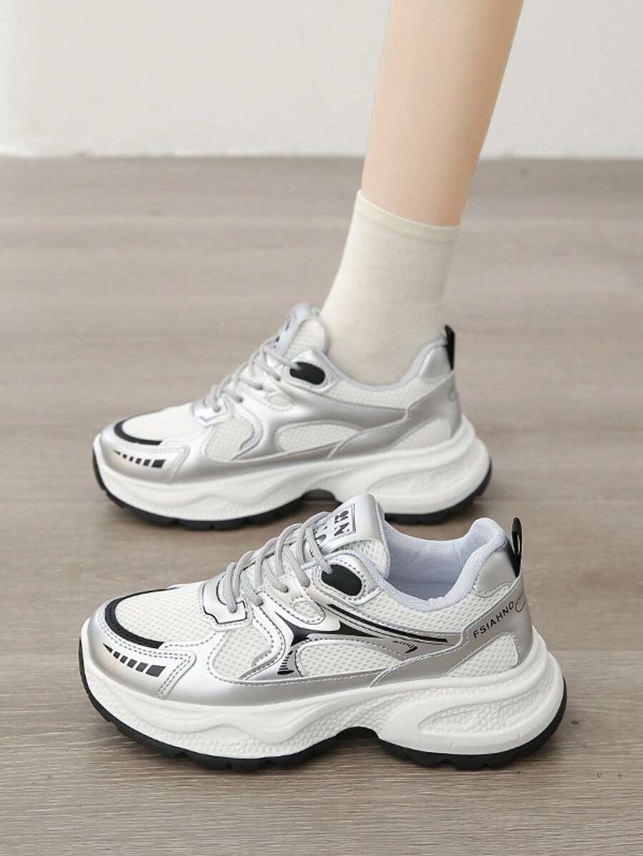 Women's Silver White Casual Sneakers, Thick Sole Chunky Sneakers, Mesh Breathable, Printed Lace-Up, Petite Height Increase, Suitable For Daily Casual Wear, Travel, Shopping, Fashion Versatile