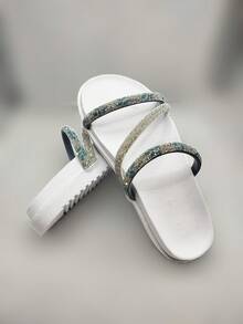 Women's Flat Sandal  Rhinestone Straps Shiny Two In One Comfortable Adjuster - Bright White 2 - View 1