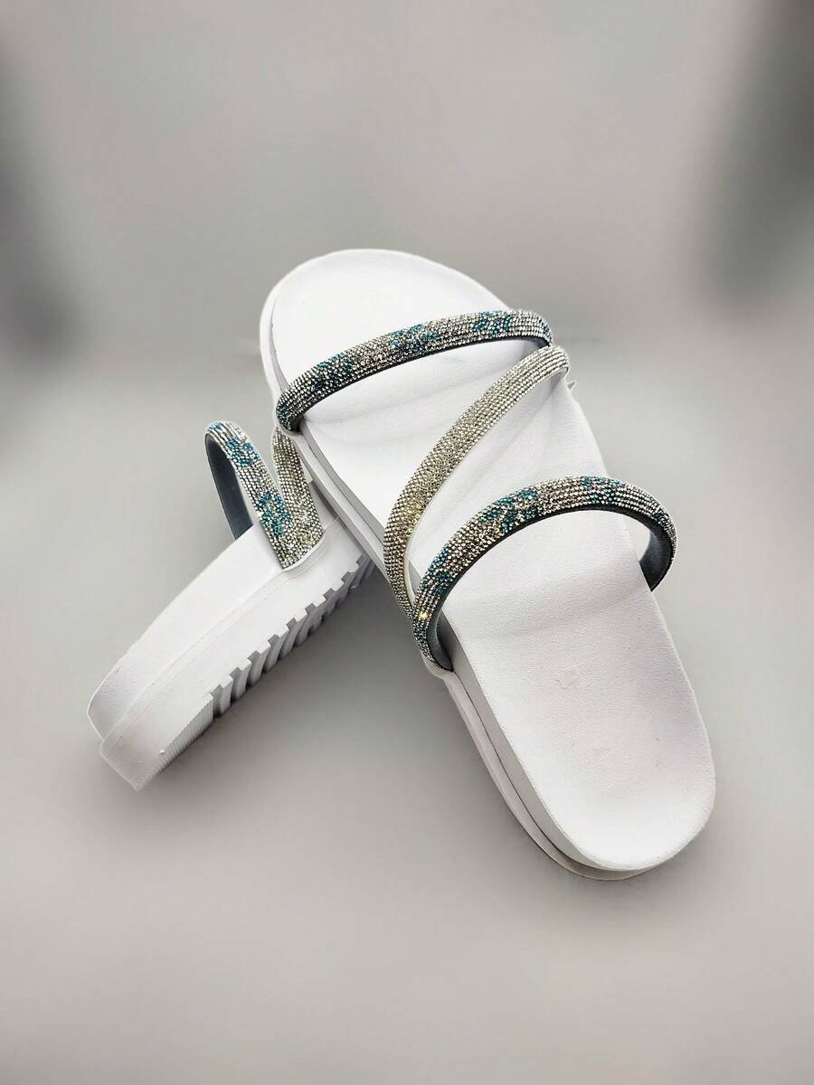 Women's Flat Sandal Rhinestone Straps Shiny Two In One Comfortable Adjuster - Bright White 2 - View 1