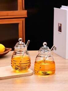 Tarros de cristal de miel con forma de panal con cucharita y tapa. Potes de miel de cristal pesado y transparente, recipientes para miel, mermelada, jalea, sirope para el hogar y la cocina - Multicolor - Ver 6