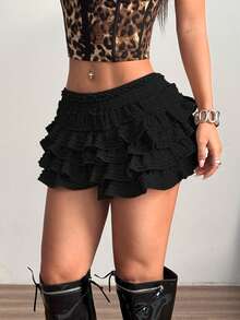 纯色百搭舒适荷叶边泡泡袖迷你短裤，适合夜店、音乐节、演唱会、舞会、万圣节和约会等场合。