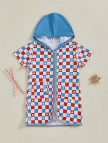 Kids Girls Swimsuit Cover Up Summer Patriotic Plaid Star Print Zipper Hoodie Beach Cover Up For Toddler Bathing Suit - Multicolor - View 6
