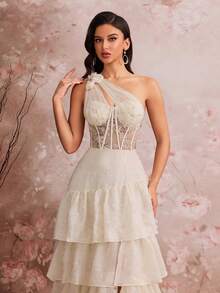 Women's Corset Fishbone Handmade 3D Flower Embroidered Sequin Slanted Shoulder Slit A Line Sexy Dress Adjustable Back Strap Suitable For Different Body ,Elegant Luxurious Long Dress For Women, Making Women Younger And More Charming, Suitable For Various Parties, Graduations, Weddings, Events And Various Banquets Dancing Parties, Formal Ball Gown Party Dress, Wedding Guest Dress ,Evening Dress(Deluxe Edition) - 杏色 - 查看 2