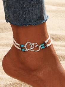 1pc Bohemian Layered Beaded Women's Hollow Double Heart Charm Ankle Bracelet Summer Beach Vacation Foot Jewelry Gift