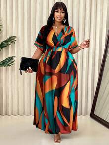 Plus Size Women Bat Print Short Sleeve Casual Vacation Dress (Pattern Randomly Chosen) - Orange Blue - View 5