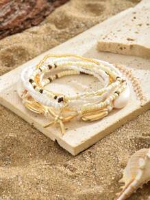 7 pièces/set Bracelet à pendentifs style bohème avec perles de coquillages et étoiles de mer pour femmes