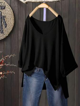 1 件优雅 V 领宽松弹力高低下摆 T 恤上衣，夏季可机洗