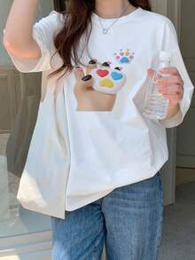 1-Piece 200gsm Pure Cotton Casual T-Shirt With Cute Animal Print And Colorful Heart Design, Perfect For All Seasons, Commuting, And Everyday Wear, 2025 Edition, Perfect For Valentine's Day