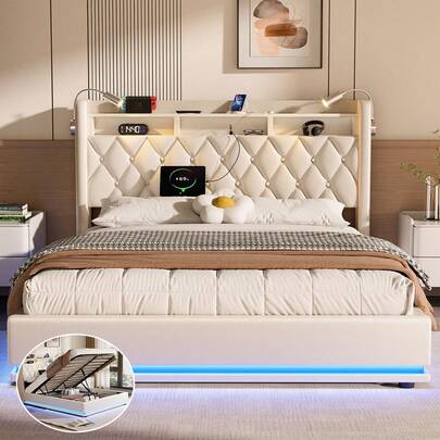 JANZDIYS Letto 140 x 190 cm con LED e USB - Testiera con Lampada da Lettura - Letto Idraulico con Contenitore sotto il Letto - Beige - PU