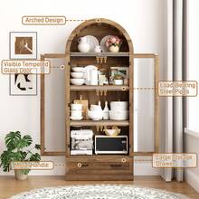 75" Tall Arched Kitchen Pantry Cabinet W Load-Bearing Steel Pipe,Modern Farmhouse Kitchens Storage Cabinet With Drawer And Glass Doors,Tall Arched Bookcase,Pantry Organizer For Living Room - 自然的 - 查看 3
