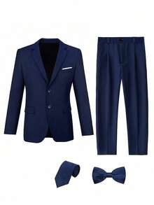 Tween Boy Formal Suit Set, Boy Suit 4 Pieces, Bowknot , Tie, Navy Blue - Navy Blue - View 1