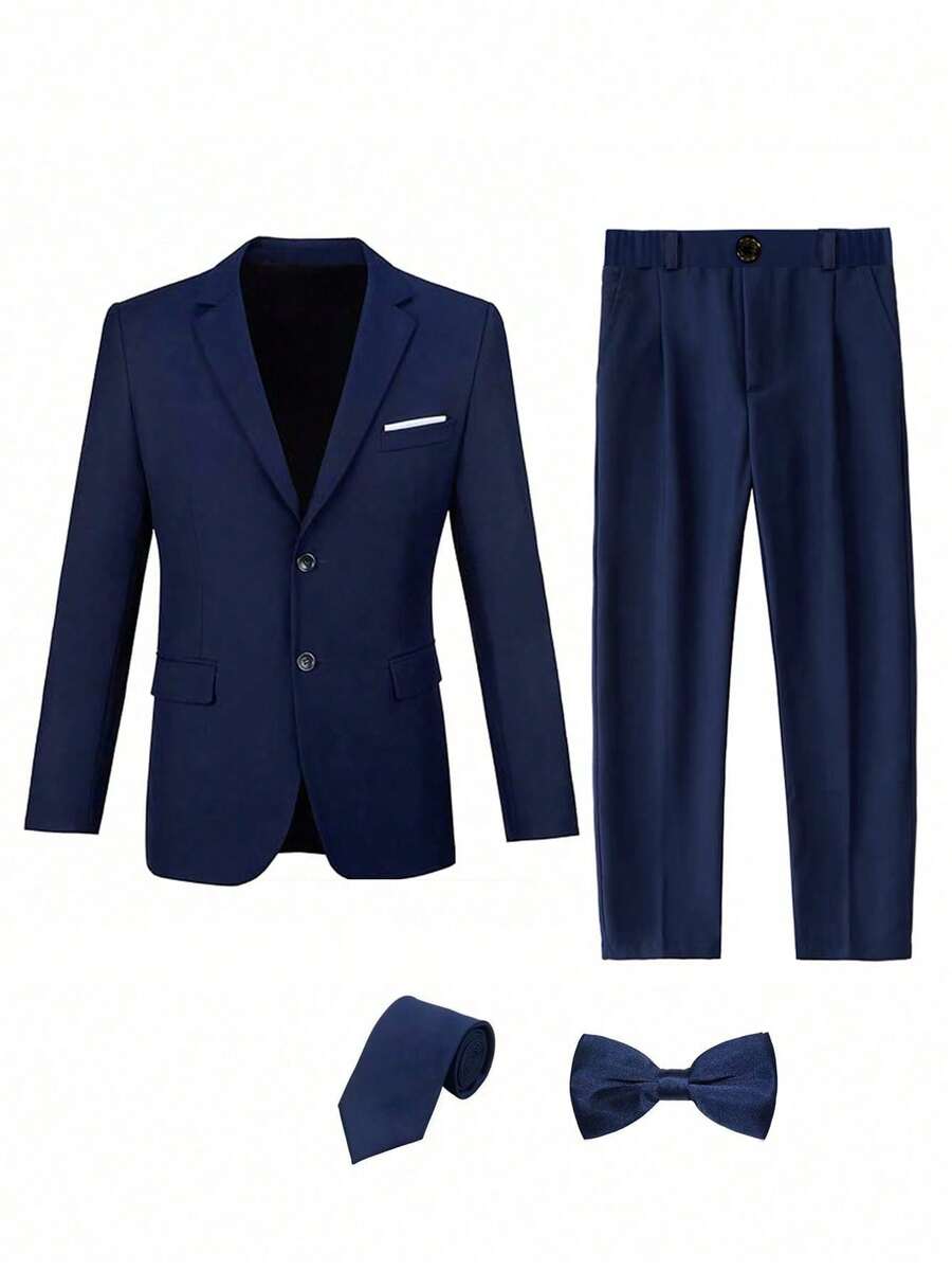 Tween Boy Formal Suit Set, Boy Suit 4 Pieces, Bowknot , Tie, Navy Blue - Navy Blue - View 1