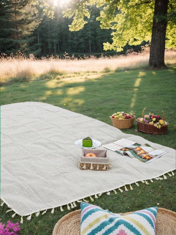 Bubaba 1 Pc Beige Linen Material Rectangular Picnic Blanket Mat, Portable Outdoor Carpet For Camping, Beach, Travel, Home Events