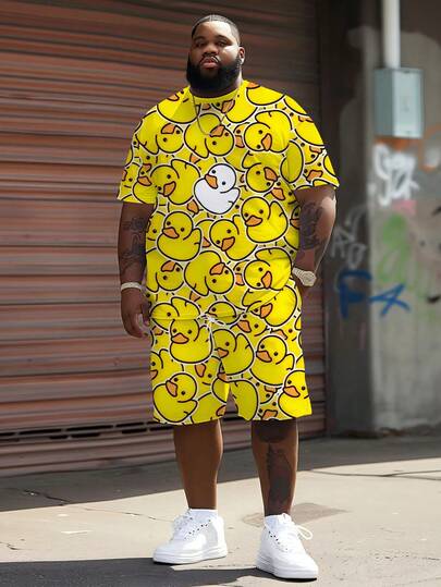 Men Plus Size Yellow Duck Pattern Vacation Style T-Shirt & Shorts Set | Loose Fit Short Sleeve Quick Dry Stretchy Polyester Oversize Tee & Shorts Set | Street Rebellious Hip-Hop Outfit, Cozy Outfits