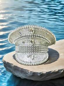 1pc Shiny Vintage Cute Elegant Street Style Polyester (Polyester) Holiday Rhinestone Sequin Sailor Cap Army Cap For Festival, Birthday Party, Anniversary, Graduation Party, Theme Party, Back To School, Summer Music Festival, Burning Man Celebration - Multicolor - View 3