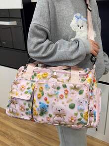 [Classic Style] Fashionable New Oxford Cloth Handbag Tote, Featuring 3D Animal Prints. This Large Capacity Travel Bag Has Versatile Functions Including Wet/Dry Separation And Independent Shoe Compartment. Suitable As Gym/Yoga Bag For Both Men And Women. Can Be Used As School/Commute Bag, Weekend Travel Bag, Overnight Bag, Or Hospital Packing Bag. - Baby Pink - View 4