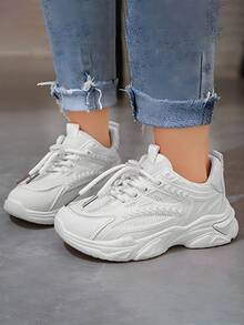 Nuevos niños antideslizante zapatillas de deporte de suela gruesa, la moda de encaje de cabeza redonda de los niños pops zapatos de suela gruesa, adecuado para los viajes diarios, deportes, parques de atracciones, la escuela - Blanco - Ver 2