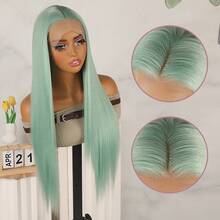 Long Silky Straight Synthetic Lace Front Wigs Light Green Color Hair Replacement Wig Glueless 13x4 Free Part HD Lace Pre Plucked Baby Hair Natural Hairline 26 Inch 180% Density Heat Resistant Fiber For Fashion Women Girls Daily Party Use Ready To Wear - 青碧色 - 查看 6