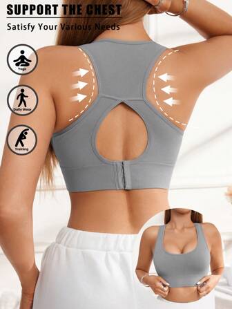 1pc Women's Gray Breathable Sports Bra With Removable Pads, Wireless & Comfortable