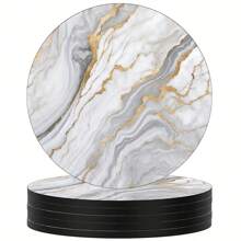 6pcs/Set Gold Marble Coasters, 4 Inches (10.16cm) Diameter, Designed For Drinks, Made Of Absorbent Rubber Material With Non-Slip Bottom, Ideal For Home Kitchen Or Bar Decoration, Also Great Housewarming Gift