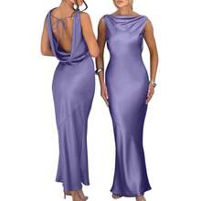 OYS Women's Satin Elegant Sleeveless High Neck Tie Cocktail Party Maxi Dress Fabric Formal - 藍色 - 查看 3