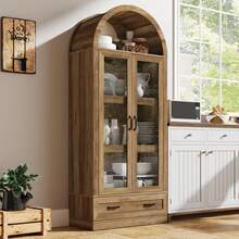 75" Tall Arched Kitchen Pantry Cabinet W Load-Bearing Steel Pipe,Modern Farmhouse Kitchens Storage Cabinet With Drawer And Glass Doors,Tall Arched Bookcase,Pantry Organizer For Living Room - 自然的 - 查看 6