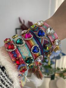 1pc Bohemian-Style Creative Fashion Elegant Minimalist Heart-Shaped Crystal Braided Bracelet For Women, Sisters, Or Couples Perfect For Daily Wear, Dates, Parties, Holidays, Gifts, Or Vacations Adjustable Size